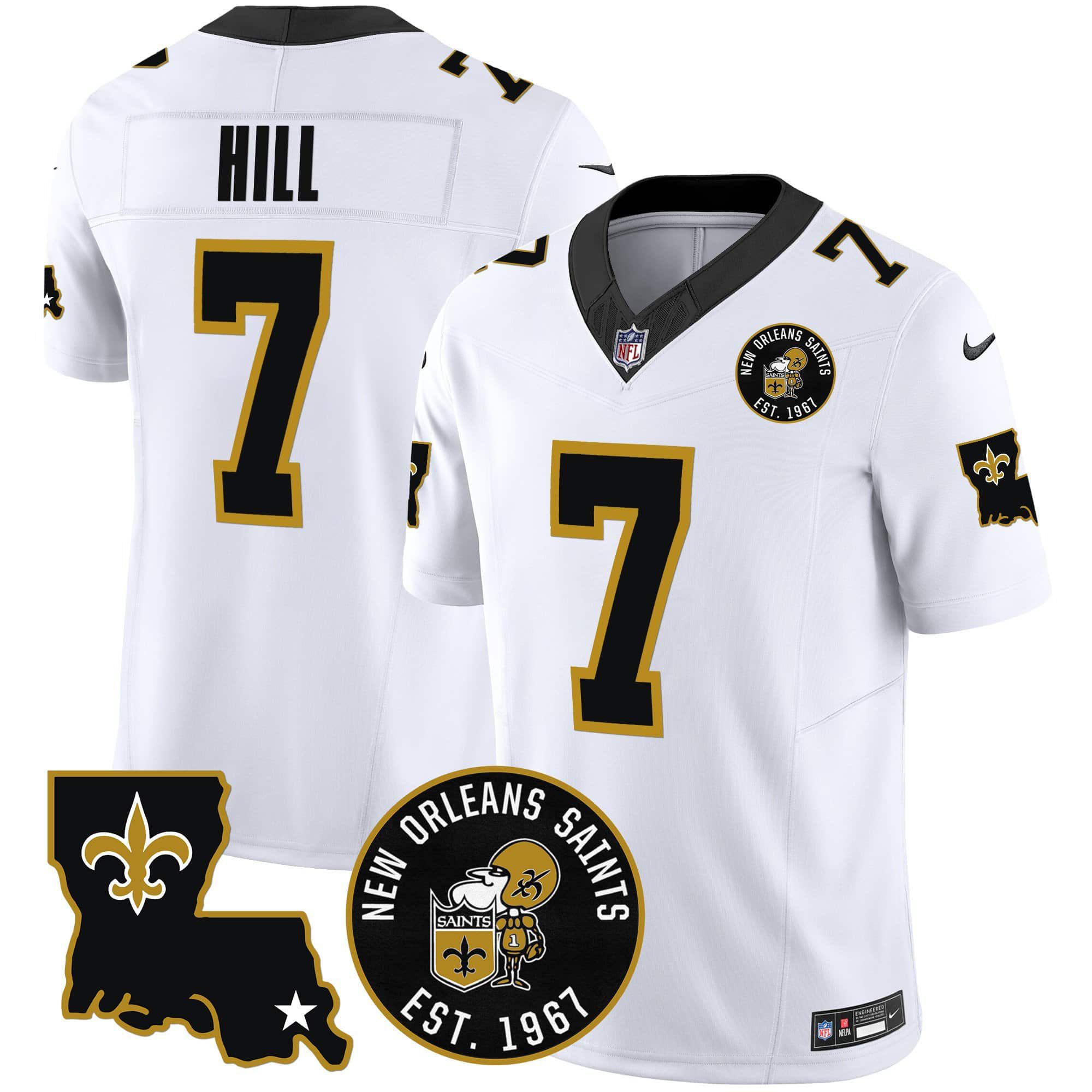 Men New Orleans Saints #7 Hill White 2024 Nike 1967 Patch Vapor Limited NFL Jersey